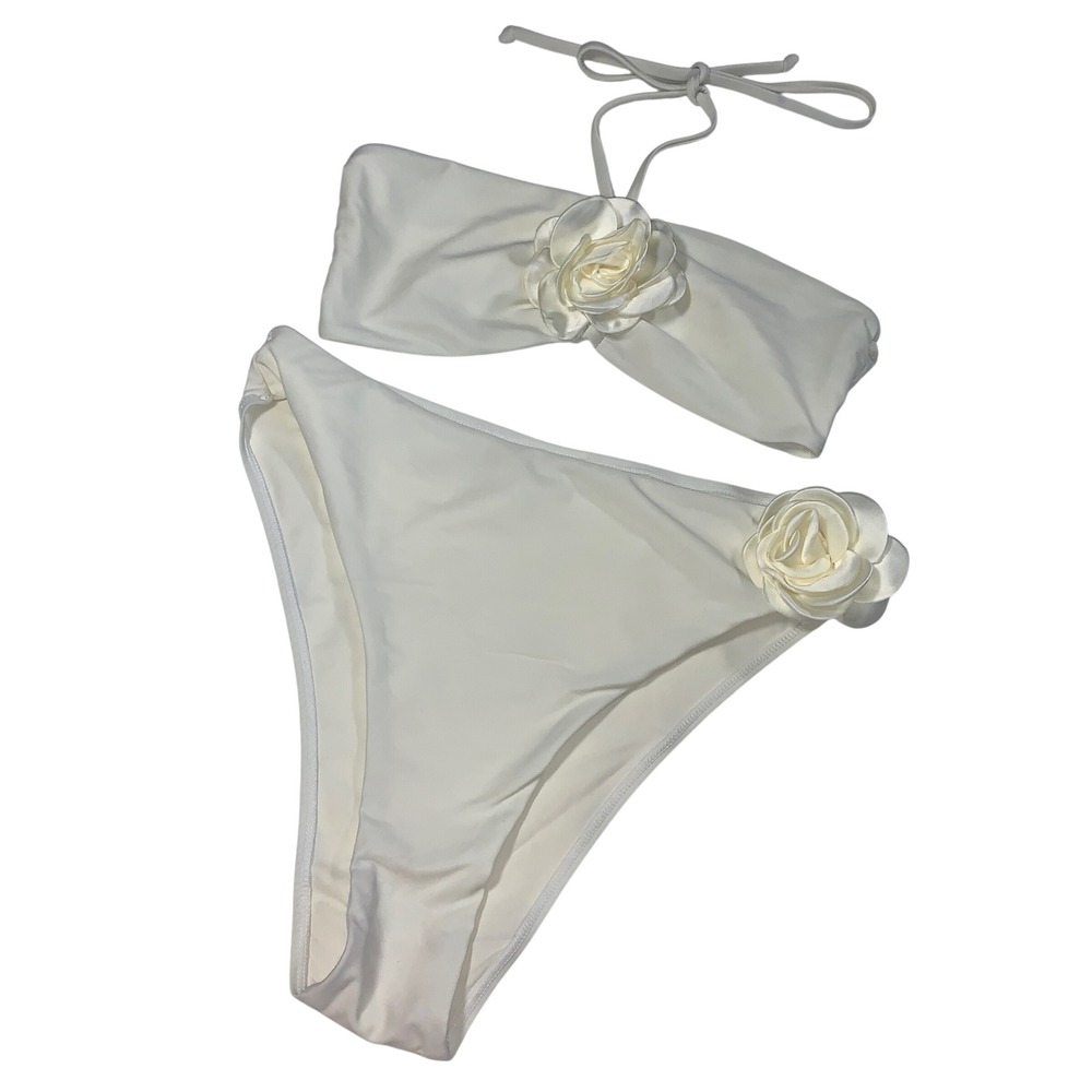 Ivory White Bikini Set Floral Applique Strapless Halter Swimsuit Medium‎